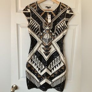 Express sequin cap sleeve black white gold mini dress Size S NWT
